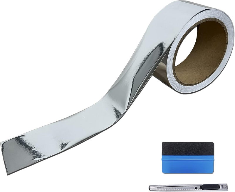 LZLRUN Free Tool Kit Mirror Silver Vinyl Tape for Black Out Chrome Delete Window Trim Door Trim (2Inches x 30Feet) - Image 1